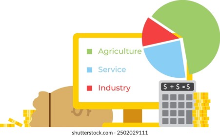 This pie chart diagram economic data visualization illustrates the distribution of industrial sectors in the current economy.