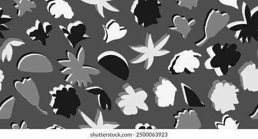 This piece features a captivating mix of black, white, and gray floral shapes on a textured background