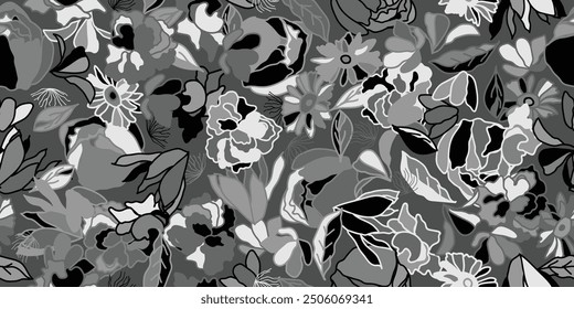 This piece features a captivating mix of black, white, and gray floral shapes on a textured background