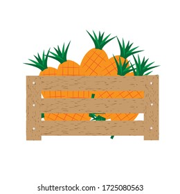 Se trata de una piña colocada en una caja de madera sobre fondo blanco.