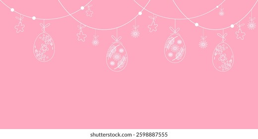 This pink backdrop features intricate white drawings of Easter eggs hanging from a delicate garland, perfect for celebrating the spring festival. Ideal for creative projects. Copy space
