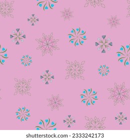 This pink background features wheels of blue tulips, green line art leaves, purple lilies and pink peonies creating a seamless repeat pattern design.