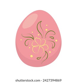 This pink oval Easter egg is decorated with simple, laconic spring composition. Vector drawing isolated on white background. Holiday tradition, flower arrangement, gift, spring colors