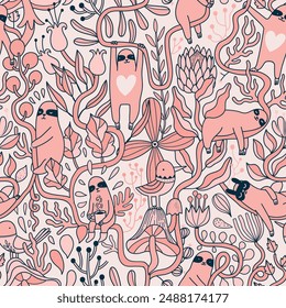 This pink seamless pattern features charming sloths, perfect for backgrounds, textiles, and stationery. Add a playful touch to your designs with these adorable creatures