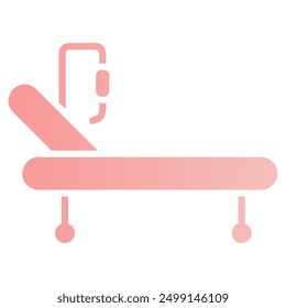 This is a pink and white icon of a hospital bed. It has wheels and an IV drip stand.