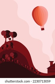 This is a pinkish balloon, Home, and red forest view vector base artwork. it may be useful for covers, backgrounds, and other purposes.