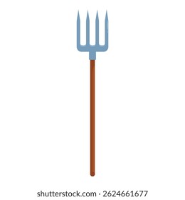 This pitchfork is ready to be used for farm work, featuring a wooden handle and four sharp tines