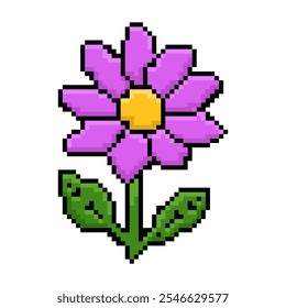 This is a pixel art depiction of a vibrant purple flower with eight symmetrical petals. The flower's center is a bright yellow circle, creating a striking contrast with the petals. It has a green stem