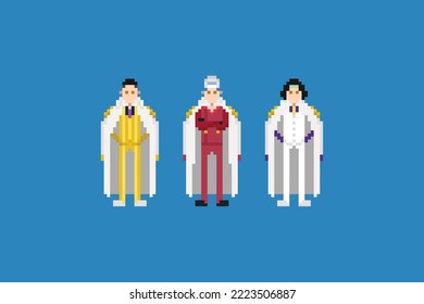 this is pixel art, human collection, 3 men wearing white coats and white pants.