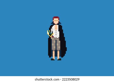 This is pixel art, a human collection, a man wearing a black robe and red hair, and a sword at his waist.