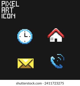 this pixel art icon set with simple color and black background ,this item good for presentations,stickers, icons, t shirt design,game asset,logo and your project.