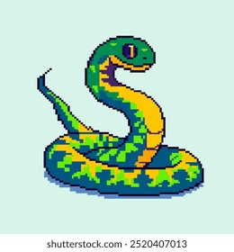 This pixel art illustration features a colorful snake, coiled and ready to strike. The snake has a vibrant green and yellow pattern with blue accents. Its head is raised, and it has a sharp, detailed 