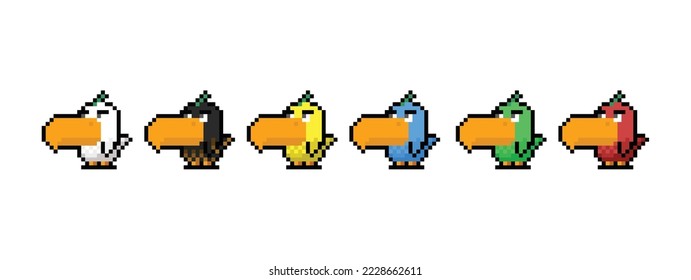 This is a pixel art illustration of the toucan toco bird or tukan toco, the cute and adorable bird. Consists of 6 tails namely white, black, red, yellow, green, and blue. 