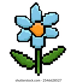 This is a pixel art representation of a simple blue flower with six petals. The flower features an orange circular center and two green leaves on either side of the green stem.