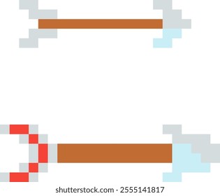 
This pixel art showcases two arrows, one with a simple design and the other adorned with red markings, set against a muted brown background.