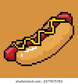 This is a pixel art vector image depicting a tantalizing hot dog in a classic retro and pixelated style. The hot dog looks incredibly delicious with a traditional appearance and vibrant colors. 