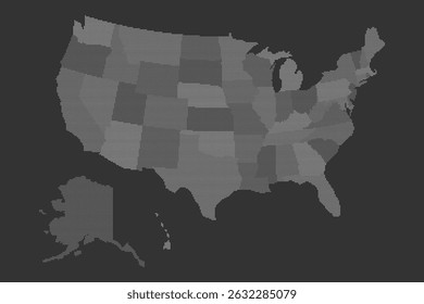 This pixel map outlines the geographical boundaries of the United States, clearly identifying individual states in a grayscale format for easy visualization and reference.