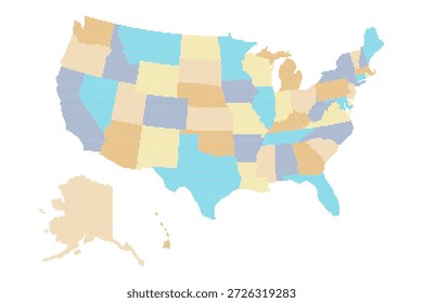 Diese Pixelkarte zeigt die Vereinigten Staaten mit verschiedenen Regionen in verschiedenen Farbtönen, die die geografische Vielfalt im ganzen Land hervorheben.