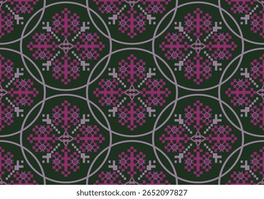 This pixel textile pattern features vibrant magenta and violet motifs arranged symmetrically over a dark green background. Circular grid lines in gray enhance the floral-like geometric balance.