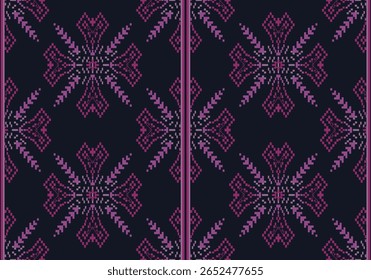 Este padrão têxtil pixel apresenta formas florais simétricas em rosa brilhante e roxo, assemelhando-se a um tradicional motivo de ponto-cruz digital em um fundo preto, criando um impacto visual arrojado.