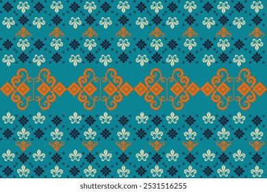 This pixelated fabric features colorful mandala and mosaic designs with green pastel tones. The pixel embroidery and cross-stitch patterns make it perfect for rugs, clothing, pillow, and home decor