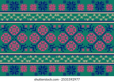 This pixelated fabric showcases pixel embroidery with colorful mandala and mosaic patterns. Green pastel tones blend seamlessly with cross-stitch and pixel rug designs, ideal for clothing and cover