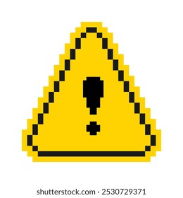 Este sinal de aviso em triângulo amarelo pixelado apresenta um ponto de exclamação em negrito no centro, simbolizando cuidado ou perigo. Ideal para designs digitais, projetos retro-temáticos ou interfaces de interface de usuário.