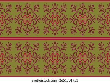 This pixel-style fabric pattern features symmetrical maroon and red floral motifs on an olive green background. The design repeats horizontally with traditional, handcrafted textile aesthetics.
