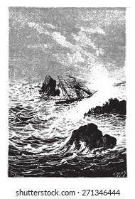 In this place, the sea was more furious, vintage engraved illustration.  Jules Verne, a 15 year old captain. 