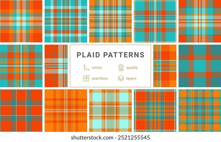 This plaid pattern set features striped designs in trendy colors, perfect for repeating wallpaper, shirts, or textile materials.