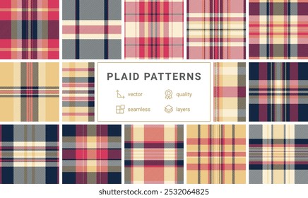 This plaid pattern set features striped designs in trendy colors, perfect for repeating wallpaper, shirts, or textile materials.