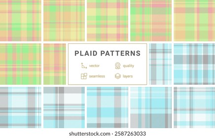 This plaid pattern set features striped designs in trendy colors, perfect for repeating wallpaper, shirts, or textile materials.