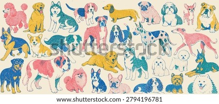 This playful artwork features a variety of canine companions, showcasing different breeds and sizes in a unique, colorful graphic design