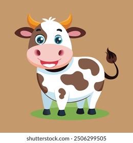 This playful cartoon cow, with oversized horns and vibrant colors, stands proudly on grass, making it an eye-catching addition to decor, perfect for children's rooms, farm-themed events, or as a delig