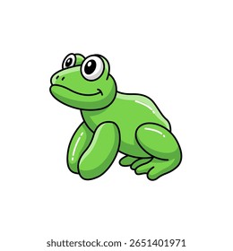 This playful cartoon frog character features a bright green color, big eyes, and a cheerful smile. Ideal for various creative projects and illustrations.