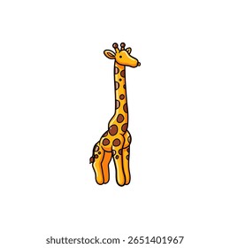This playful cartoon giraffe features colorful spots and a simple design, perfect for children's products, educational materials, or whimsical art projects.