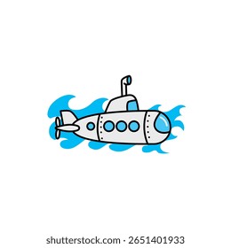 This playful cartoon submarine illustration showcases a vibrant underwater scene with blue waves, perfect for children's content, educational material, and marine-themed designs.