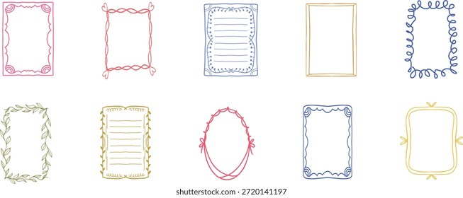 Esta divertida colección muestra varios marcos y bordes dibujados a mano, con Formas rectangulares y cuadradas con encantadoras líneas de estilo doodle. Representados en una paleta animada de rosa, azul, amarillo y verde, estos marcos exudan una sensación caprichosa y artística. Son perfectos para añadir un toque de personalidad a las tarjetas de felicitación, invitaciones, páginas de scrapbook, entradas de diario o cualquier proyecto de diseño que requiera Elementos de borde creativos y únicos.