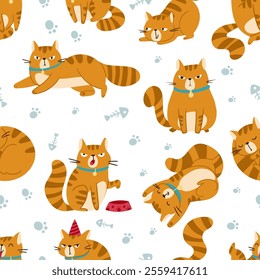 This is a playful and colorful pattern that showcases a variety of cute cartoon cats depicted in various playful poses