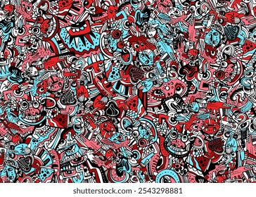 
This playful, colorful scribble doodle illustration features a lively mix of random lines and shapes, filling the background with a whimsical, cute theme. Bursting with vibrant colors and fun pattern