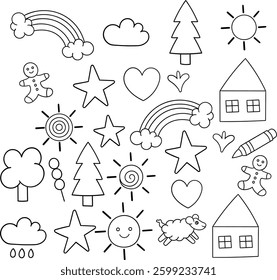 This playful digital illustration features a collection of hand drawn doodles representing childrens holiday elements