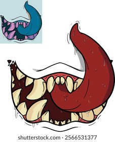 This playful, exaggerated cartoon illustration features a mouth with sharp yellowish teeth and a dripping red tongue