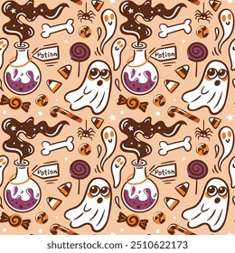 This is a Playful Halloween Pattern featuring Ghosts and an assortment of Candy treats. Mysterious magic potion. Seamless pattern for wallpaper, fabric, wrapping, background.