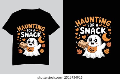 This playful Halloween-themed t-shirt design features an adorable ghost holding a sandwich and a cookie, accompanied by the phrase “Haunting for a Snack” in decorative lettering. The design is enhance