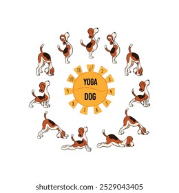 Diese verspielte Illustration zeigt einen Beagle, der verschiedene Yoga-Posen in einer kreisförmigen Anordnung um eine zentrale Yoga-Dog-Uhr wie ein Symbol aufführt