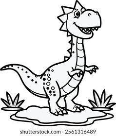 This playful illustration features a cartoon-style dinosaur standing on a patch of ground with a friendly expression, short arms, and a long tail. The dinosaur is covered in spots and spikes along its