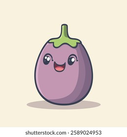 This playful illustration features a cartoon-style eggplant with a cute, smiling face. The eggplant is purple with a green stem and has large, expressive eyes and a wide, open mouth.