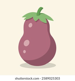 This playful illustration features a cartoon-style eggplant with a purple body and a green leafy top. The eggplant has a slightly curved shape and small, lighter purple spots on its surface.