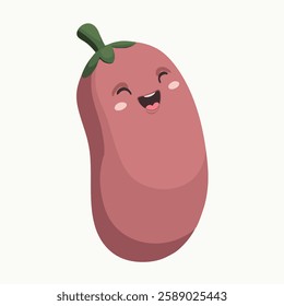 This playful illustration features a cartoon-style red radish with a cheerful, smiling face. The radish has closed eyes, pink blush marks on its cheeks, and a wide open mouth with a small tongue.