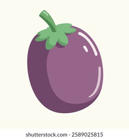 This playful illustration features a cartoon-style eggplant with a friendly, smiling face. The eggplant is purple with a green stem and has large, expressive eyes, a wide smile, and pink cheeks.